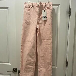Zara The New Daddy Jeans Women's Pink Wide Leg Frayed Hem Size 4 NWT